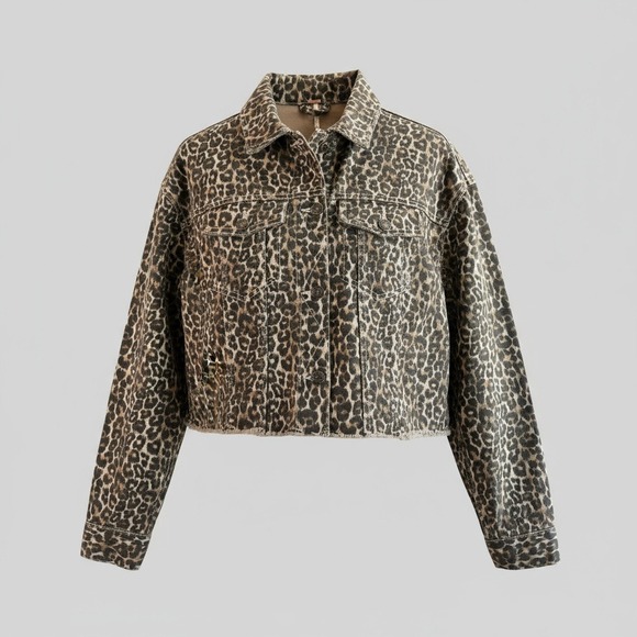 NWOT Free People Leopard Print Denim Jacket Cropped Raw Hem Edgy Retro XS‎ - Picture 9 of 12